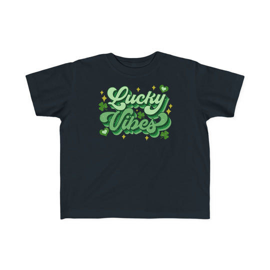 Good Day Lucky Day Toddler's Tee featuring green text and a four-leaf clover on a durable black fabric, perfect for toddler's sensitive skin.