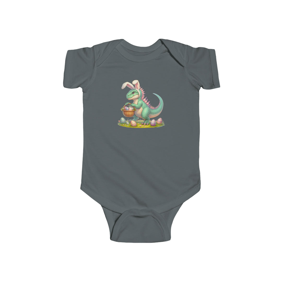 An Eggosaurus Onesie baby bodysuit featuring a cartoon dinosaur with a basket of eggs. Made of 100% cotton, light fabric, with ribbed bindings and plastic snaps for easy changing access. From Worlds Worst Tees.