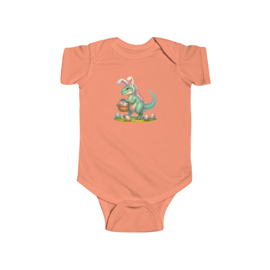A baby bodysuit featuring an Eggosaurus design with a dinosaur holding a basket of eggs. Made of 100% cotton, light fabric, with ribbed knitting for durability and plastic snaps for easy changing access. From Worlds Worst Tees.