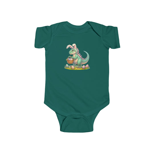 A green Eggosaurus Onesie for babies, featuring a cartoon dinosaur with a basket of eggs. Made of 100% cotton, with ribbed knitting for durability and easy snap closure. Ideal for infants.