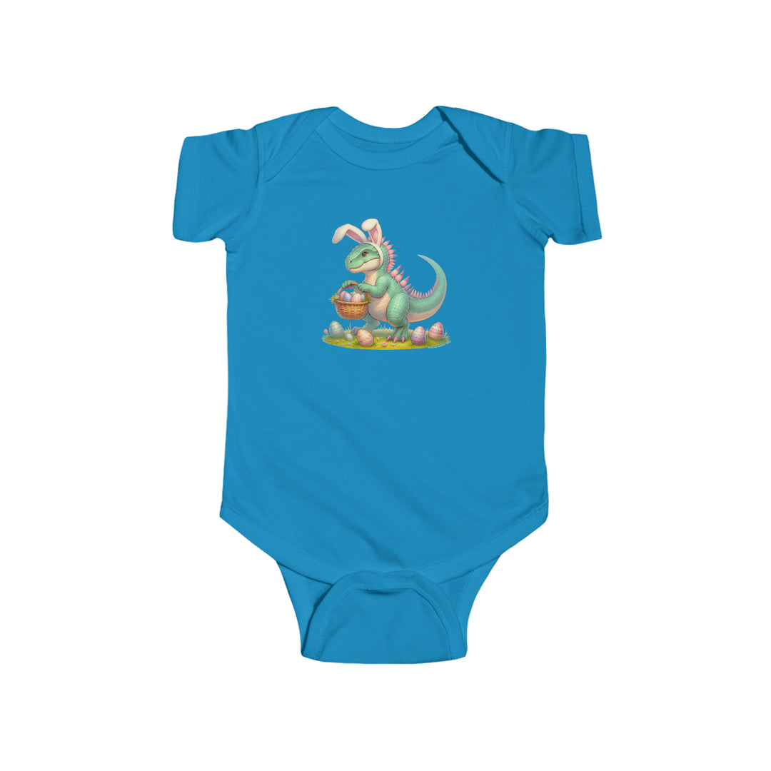 Blue Eggosaurus Onesie baby bodysuit featuring a dinosaur with eggs. 100% cotton fabric, ribbed knitting for durability, plastic snaps for easy changing. From Worlds Worst Tees.