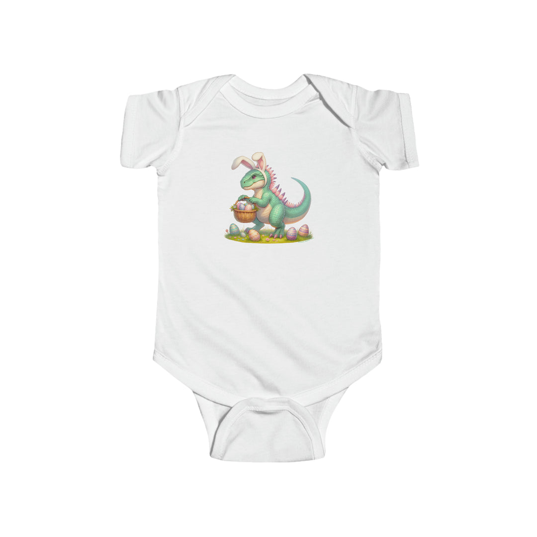 A white baby bodysuit featuring a cartoon dinosaur holding a basket of eggs, ideal for infants. Made of 100% cotton, with ribbed knitting for durability and plastic snaps for easy changing. Eggosaurus Onesie by Worlds Worst Tees.