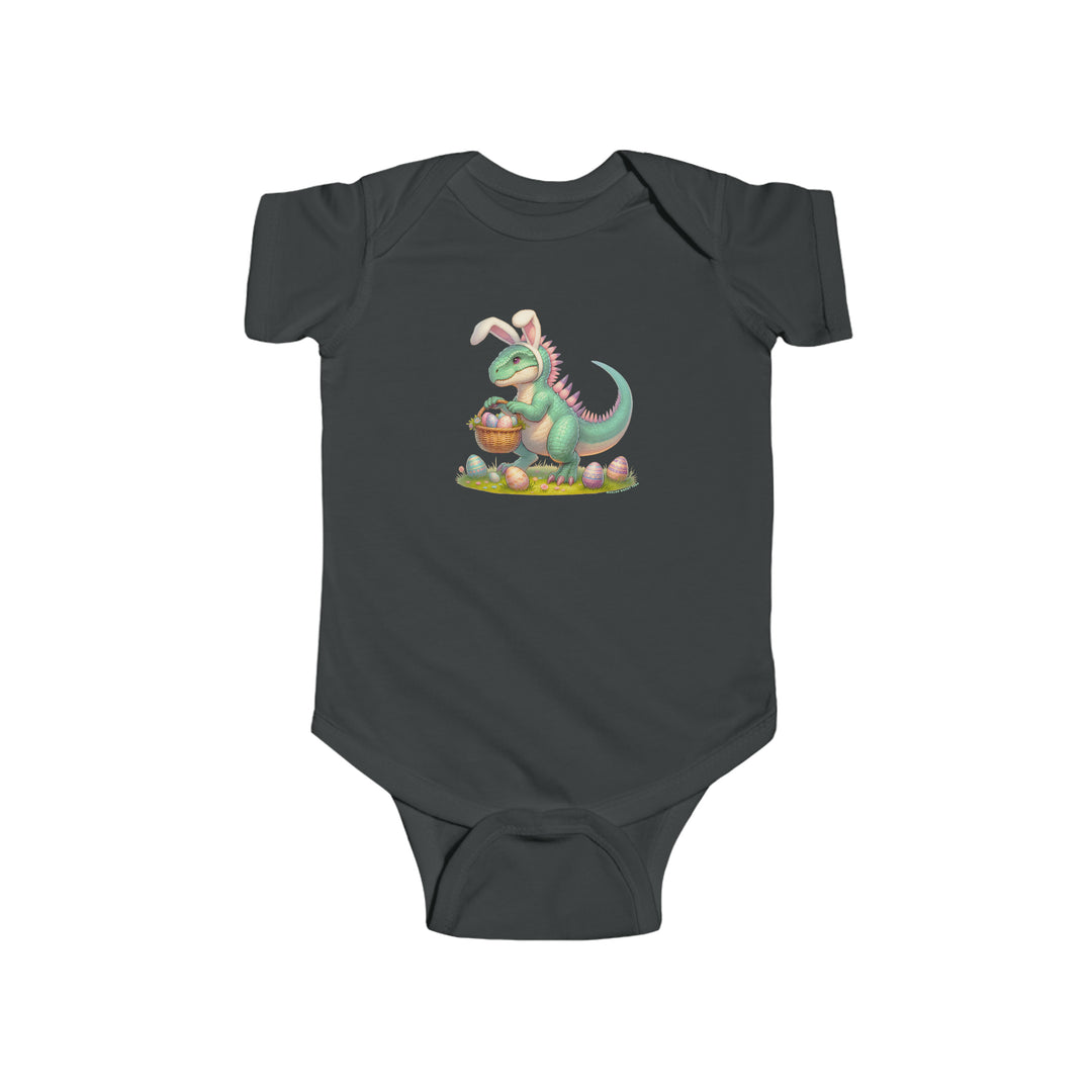 Infant fine jersey bodysuit featuring Eggosaurus design, a cartoon dinosaur holding a basket of eggs. 100% cotton fabric, ribbed knit bindings, and plastic snaps for easy changing. From 'Worlds Worst Tees'.
