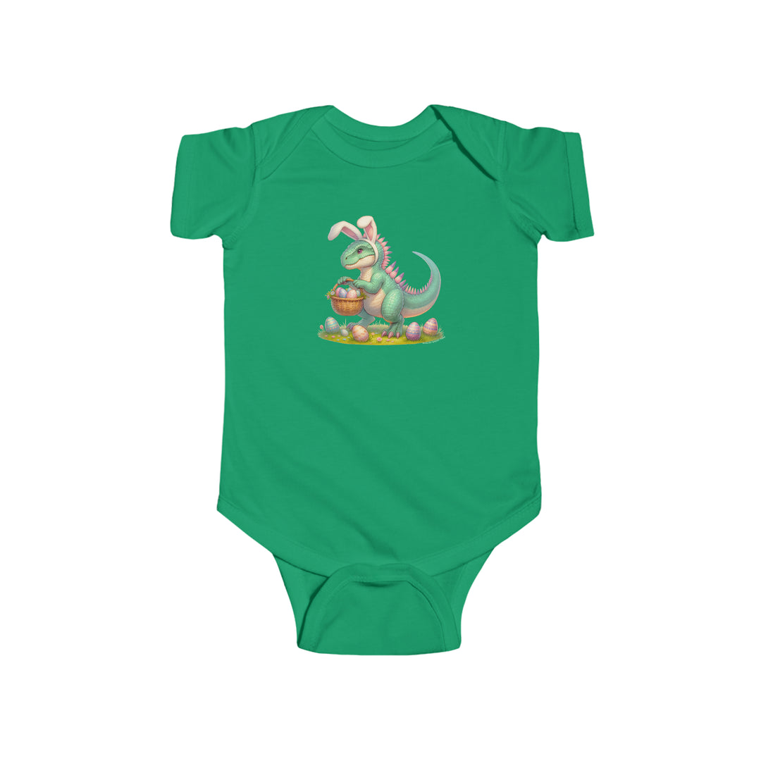 A green Eggosaurus onesie featuring a dinosaur holding a basket of eggs. Infant fine jersey bodysuit made of 100% cotton, with ribbed knitting for durability and plastic snaps for easy changing access.