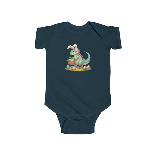 A durable and soft Eggosaurus Onesie for infants, featuring a cartoon dinosaur holding a basket of eggs. Made of 100% cotton, with ribbed bindings and plastic snaps for easy changing access. Ideal for 0-24M.