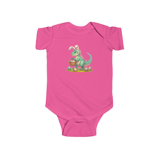 Infant fine jersey bodysuit featuring Eggosaurus design, a cartoon dinosaur holding a basket of eggs. 100% cotton fabric, ribbed knit bindings, and plastic snaps for easy changing. From Worlds Worst Tees.