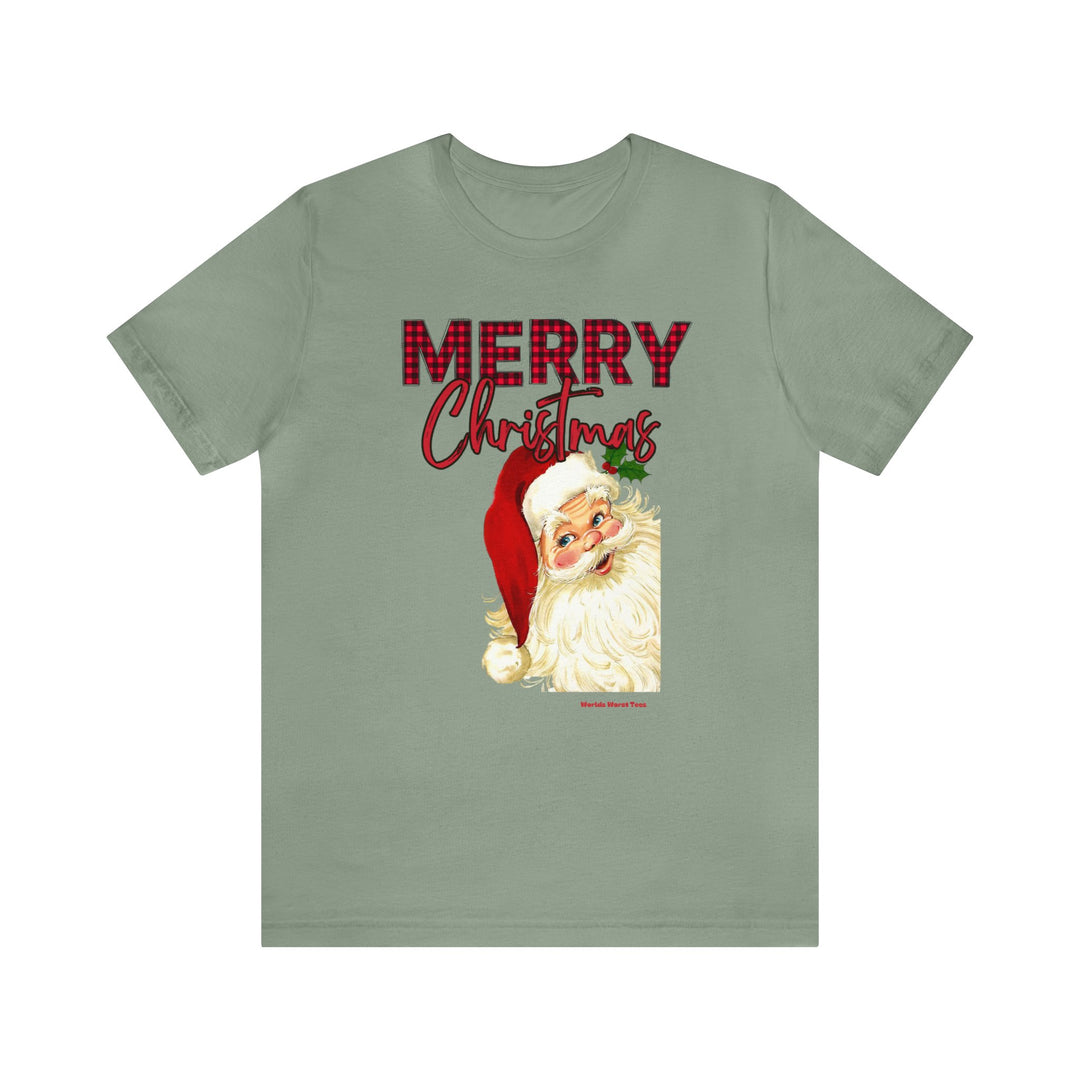 Christmas Santa Tee: Unisex jersey shirt featuring a Santa Claus print. Soft Airlume cotton, ribbed collar, and reinforced seams for lasting comfort. Sizes XS-5XL. Retail fit.