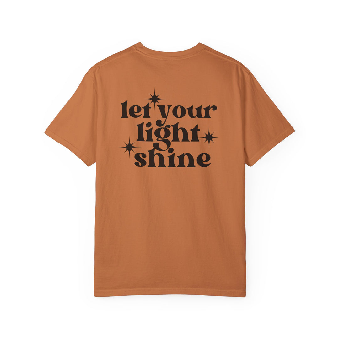 Let Your Light Shine Tee: Back view of a relaxed fit garment-dyed t-shirt with a black star design. Made of 100% ring-spun cotton for durability and comfort. From Worlds Worst Tees.