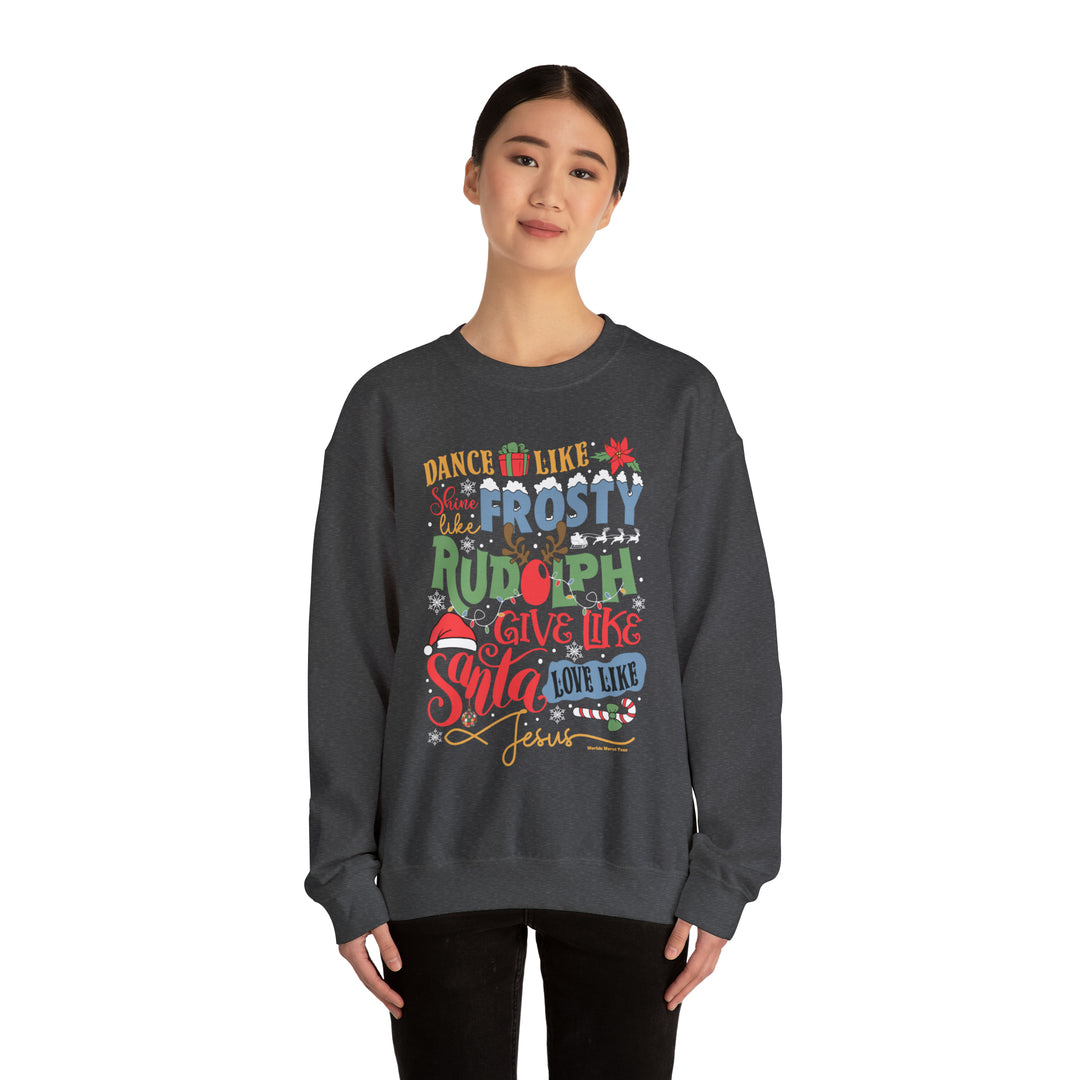 A unisex heavy blend crewneck sweatshirt featuring Frosty Rudolph Santa Jesus Crew design. Comfortable, loose fit with ribbed knit collar. Made of 50% cotton, 50% polyester blend. No itchy side seams.