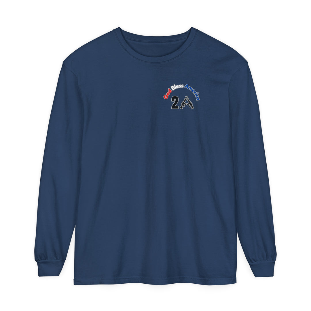 A patriotic God Bless America 2A long sleeve tee in blue, featuring a logo, made of soft 100% ring-spun cotton with a classic fit for total comfort. From Worlds Worst Tees.