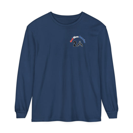 A patriotic God Bless America 2A long sleeve tee in blue, featuring a logo, made of soft 100% ring-spun cotton with a classic fit for total comfort. From Worlds Worst Tees.