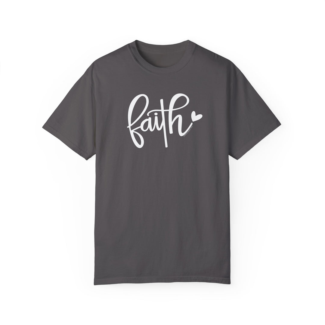 Relaxed fit Faith Tee, garment-dyed with ring-spun cotton for coziness. Double-needle stitching for durability, no side-seams for shape retention. Medium weight, versatile daily wear from Worlds Worst Tees.