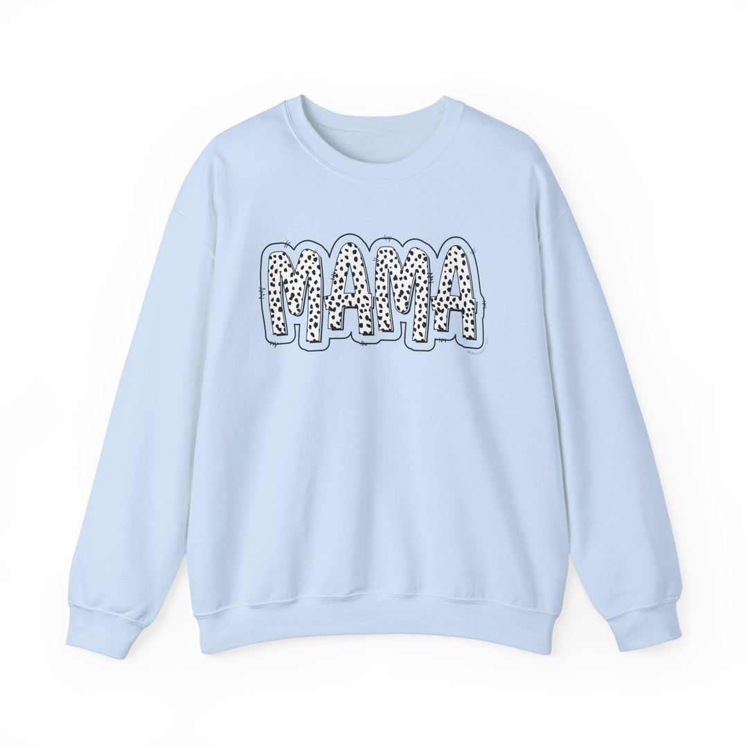 A Mama Print Crew unisex sweatshirt, ideal for comfort. Features ribbed knit collar, no itchy seams. 50% Cotton 50% Polyester blend, medium-heavy fabric, loose fit, runs true to size.