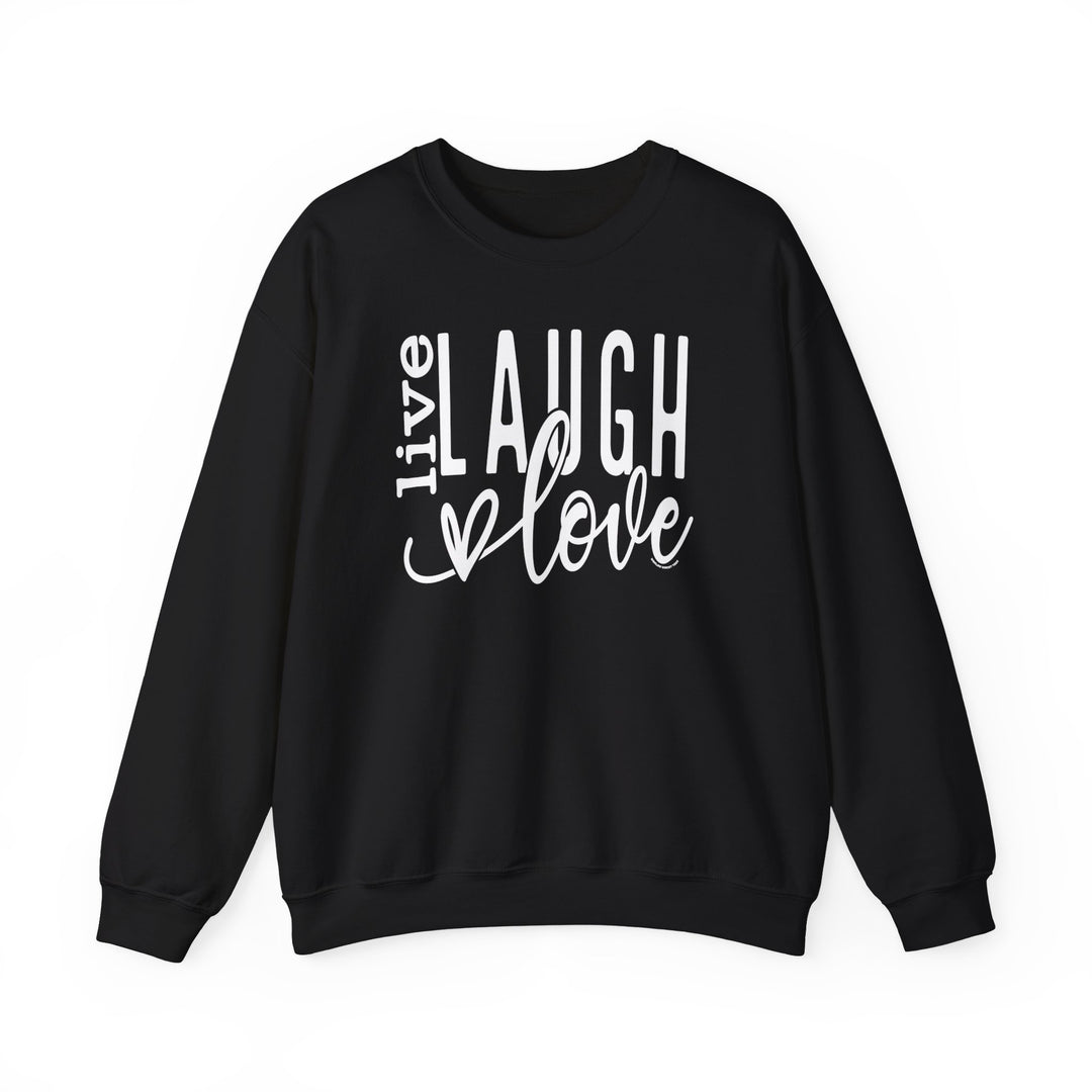 A unisex heavy blend crewneck sweatshirt featuring the Live Laugh Love Crew design. Made of 50% Cotton 50% Polyester, ribbed knit collar, and no itchy side seams. Medium-heavy fabric, loose fit, and true to size.