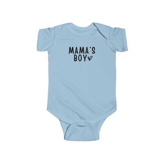A durable and soft infant fine jersey bodysuit, featuring ribbed knitting for durability and plastic snaps for easy changing access. Made of 100% cotton, perfect for Mama's Boy. From Worlds Worst Tees.
