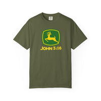 Army-green T-shirt with stylized leaping deer and JOHN 3:16 text, offering relaxed fit and durability. Ideal for casual wear.