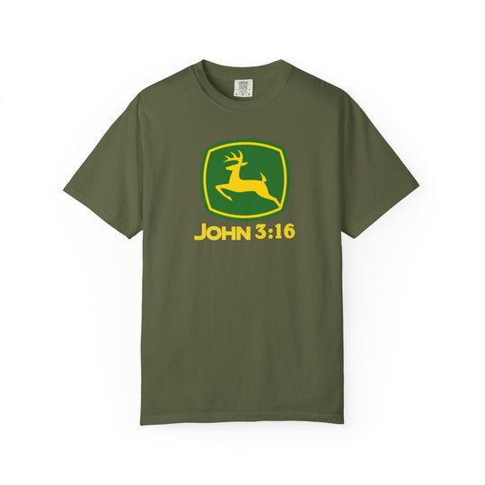 Army-green T-shirt with stylized leaping deer and JOHN 3:16 text, offering relaxed fit and durability. Ideal for casual wear.