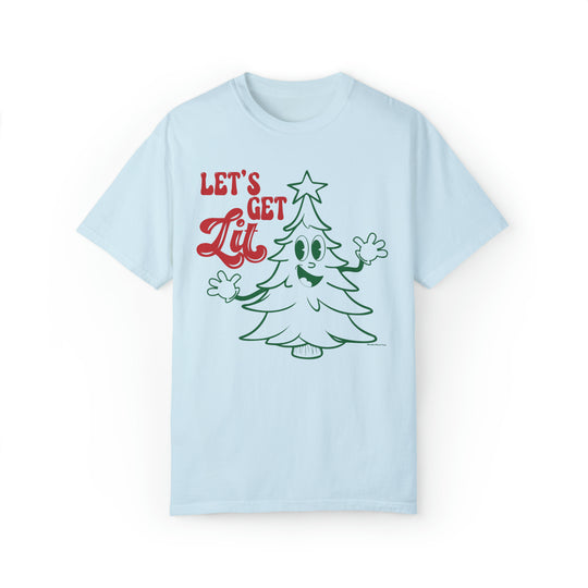 A white t-shirt featuring a cartoon Christmas tree design, part of the Let's Get Lit Tee collection by World's Worst Tees. Unisex, relaxed fit, 80% ring-spun cotton, 20% polyester. Sizes: S-4XL.