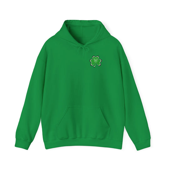 A green Lucky Lucky Lucky hoodie featuring a four-leaf clover and horseshoe design. Unisex heavy blend, cotton-polyester fabric for warmth and comfort. Kangaroo pocket and matching drawstring for style and utility.