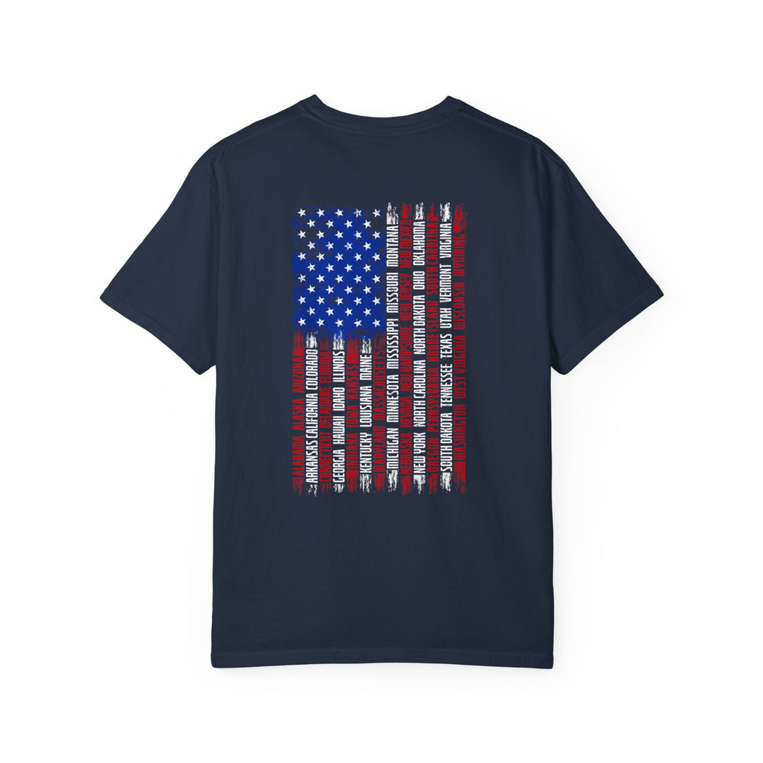 A relaxed fit State Flag Tee crafted from 100% ring-spun cotton, featuring a flag design on a blue shirt. Garment-dyed for extra coziness, with double-needle stitching for durability and a seamless tubular shape.
