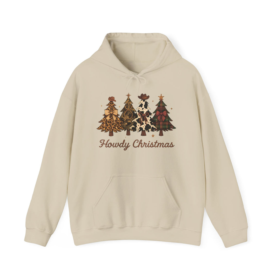 Howdy Christmas Hoodie with Western-themed Christmas tree graphics and Howdy Christmas text. Features kangaroo pocket, drawstring hood, and soft cotton-poly blend for comfort.