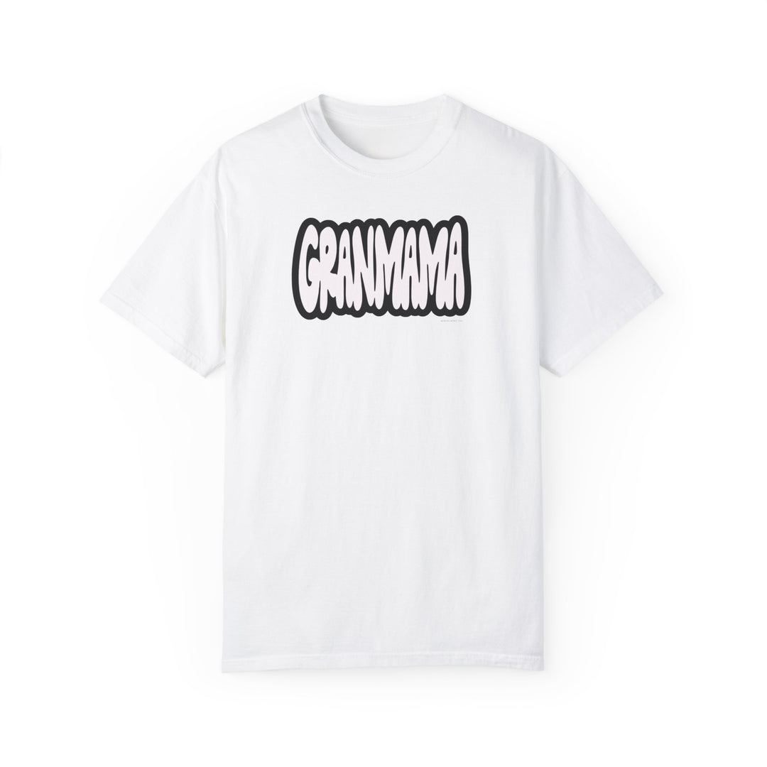 Grandmama Tee: White t-shirt with black logo, 100% ring-spun cotton, medium weight, relaxed fit, double-needle stitching, seamless design for durability and comfort. From Worlds Worst Tees.