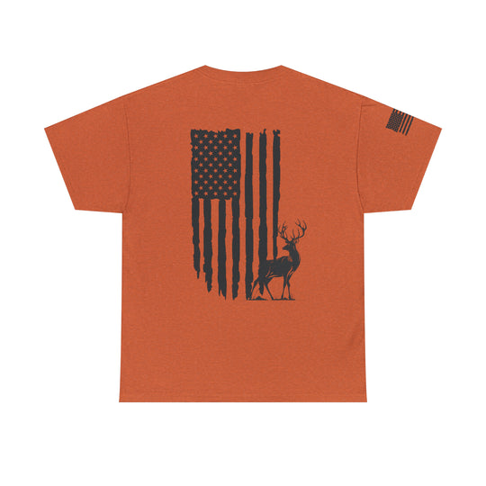 American Hunter Tee: Men's premium fitted short sleeve t-shirt featuring a flag and deer design. Comfy, light, and roomy fit. Ribbed collar, side seams for shape. 100% cotton.