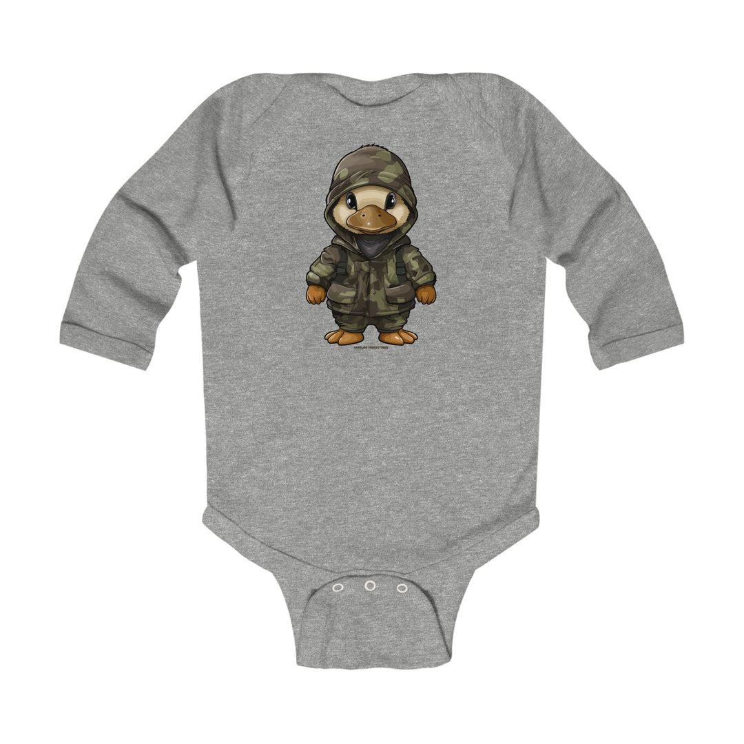 Hunting Baby Long Sleeved Onesie featuring a cartoon duck in a camouflage jacket. 100% cotton, ribbed bindings, and plastic snaps for easy changing. Sizes: NB (0-3M), 6M, 12M, 18M. Classic fit.