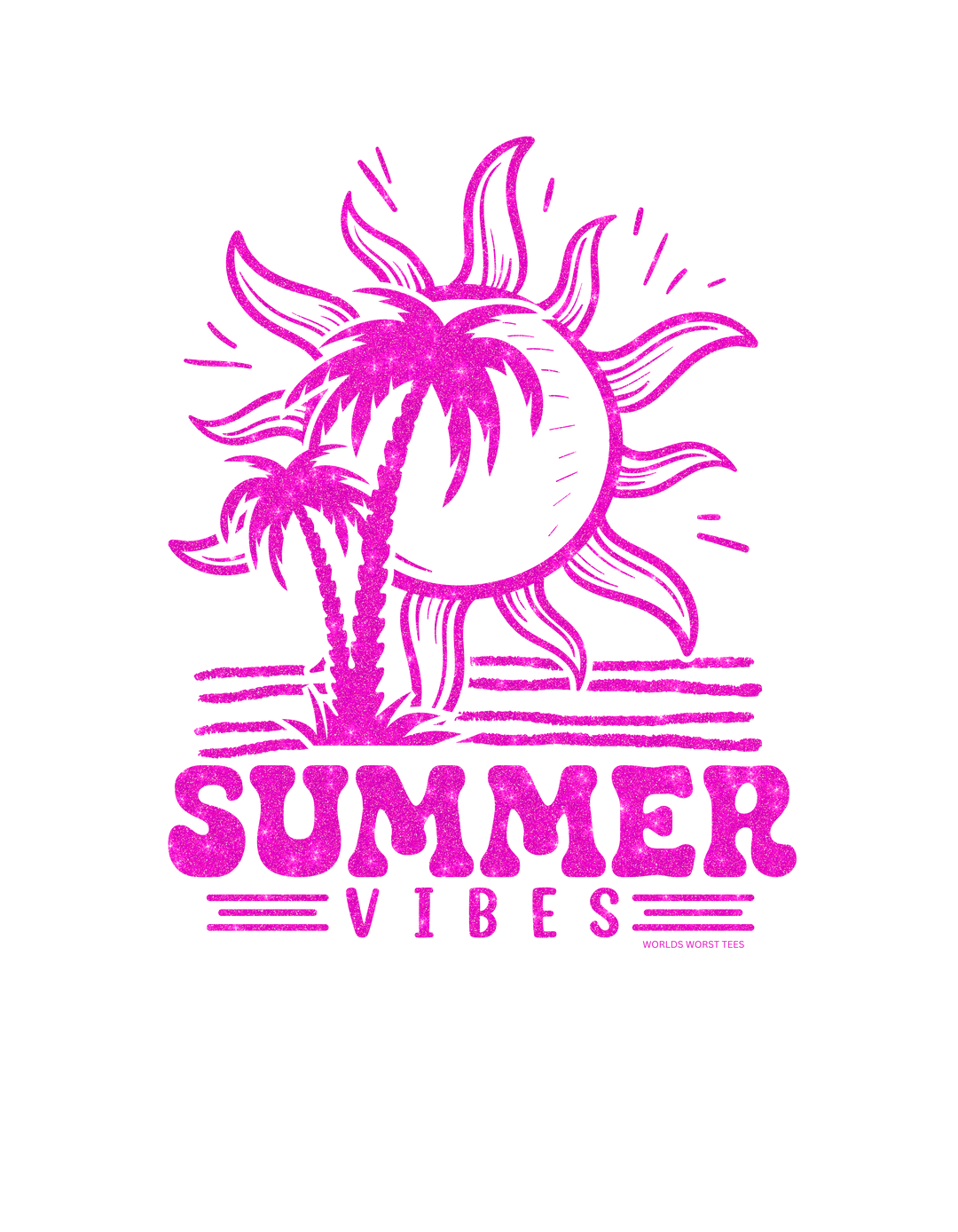 Summer Vibes Toddler Tee featuring a pink glittery logo of palm trees and sun. Soft 100% combed ringspun cotton, light fabric, classic fit. Ideal for toddlers' sensitive skin and first adventures.