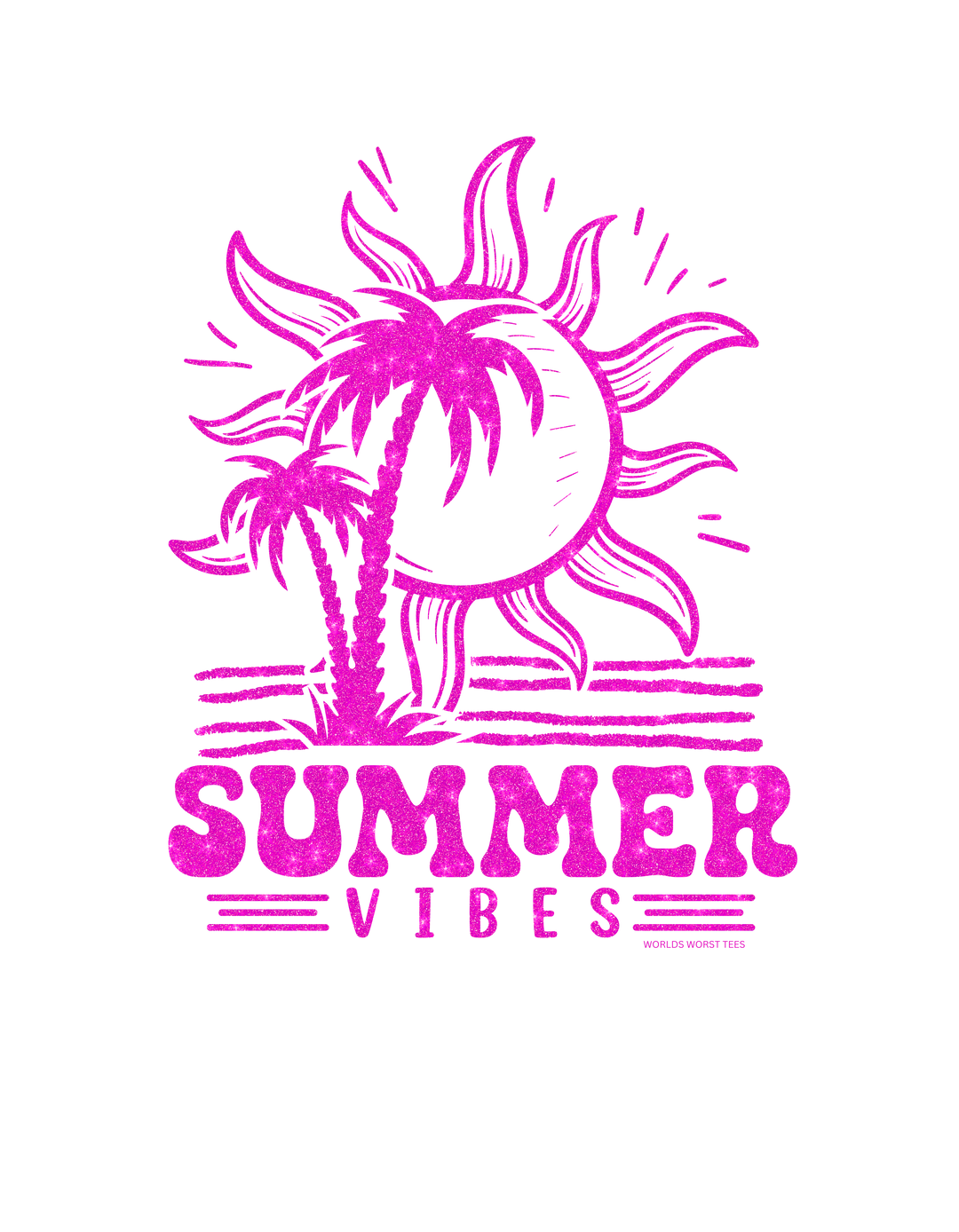A pink glittery logo featuring palm trees and a sun, embodying Summer Vibes Onesie for infants by Worlds Worst Tees. 100% cotton fabric, ribbed knit bindings, and plastic snaps for easy changing access.