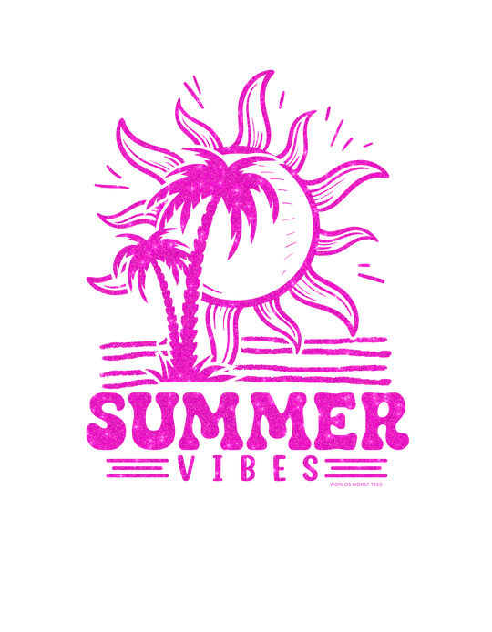 A pink glittery logo featuring palm trees and a sun, embodying Summer Vibes Onesie for infants by Worlds Worst Tees. 100% cotton fabric, ribbed knit bindings, and plastic snaps for easy changing access.