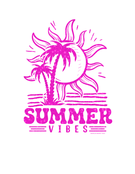 A pink glittery graphic of palm trees and a sun on a Summer Vibes Kids Tee by Worlds Worst Tees. 100% combed ringspun cotton, light fabric, classic fit, perfect for active kids.