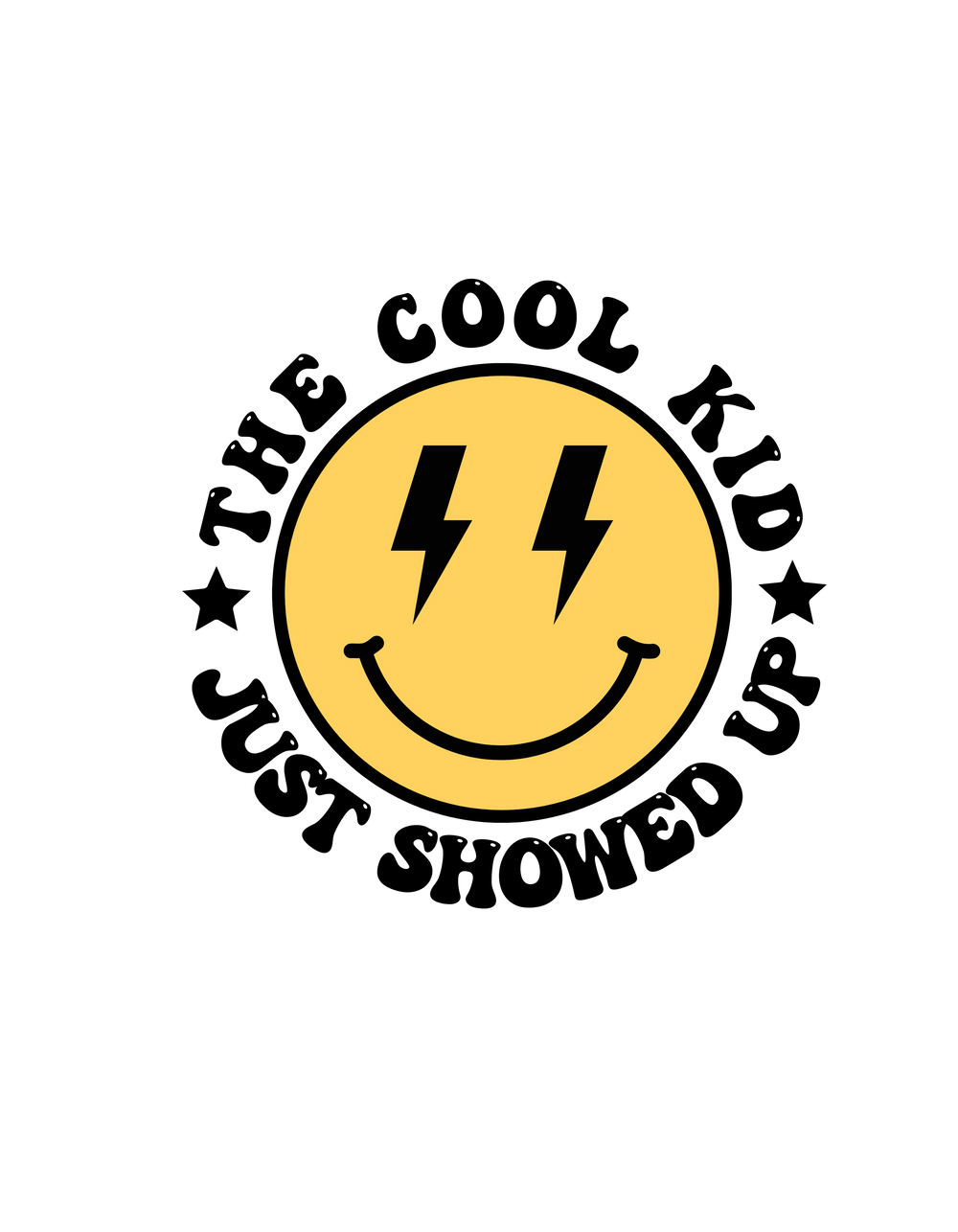 A kids heavy cotton tee featuring a yellow smiley face with lightning bolts and a smile. 100% cotton, light fabric, classic fit, tear-away label. The Cool Kid Just Showed Up by Worlds Worst Tees.