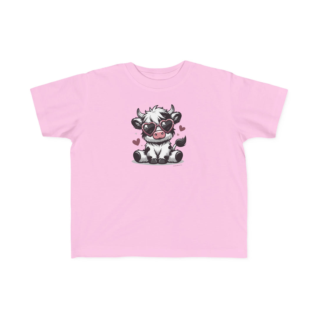 Cute Cow Toddler Tee featuring a cartoon cow in sunglasses on a pink shirt. Soft 100% combed ringspun cotton, light fabric, tear-away label, classic fit. Sizes: 2T, 3T, 4T, 5-6T.