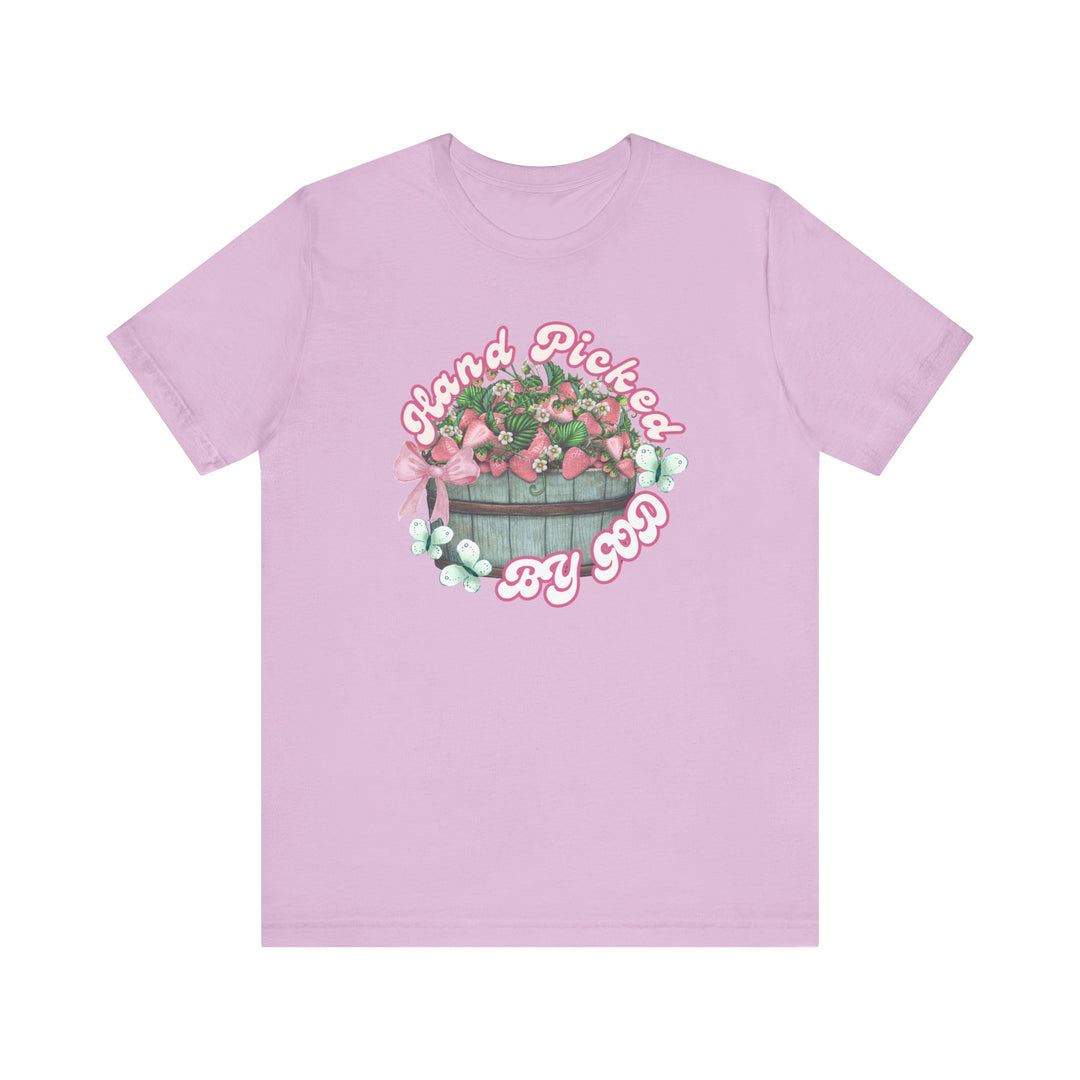 Hand Picked by GOD Tee, a classic unisex jersey short sleeve shirt, features a comfortable fit with soft cotton, ribbed collars, and durable side seams.