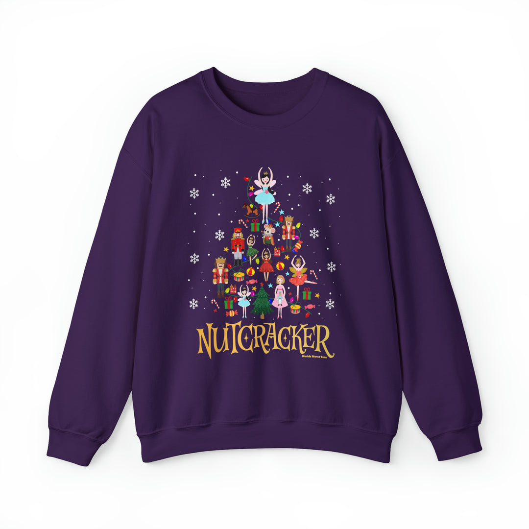 Nutcracker Crew unisex heavy blend sweatshirt featuring a Christmas tree design. Ribbed knit collar, no itchy seams, 50% cotton, 50% polyester, loose fit, sewn-in label. Sizes S-5XL.