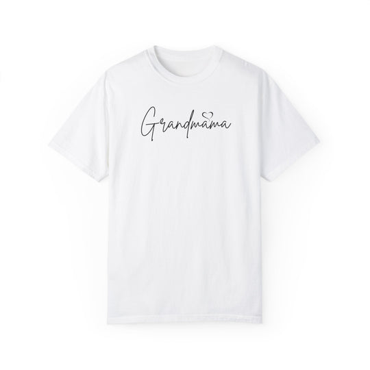 Grandmama Tee: A white shirt with black text, 100% ring-spun cotton, medium weight, relaxed fit, durable double-needle stitching, no side-seams for a tubular shape.