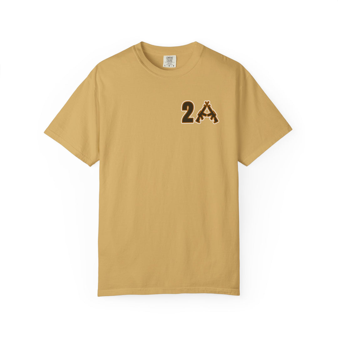 Mustard-colored 2A Tee featuring a chest print with a bold numeral 2 and crossed rifles forming an A, referencing the Second Amendment.