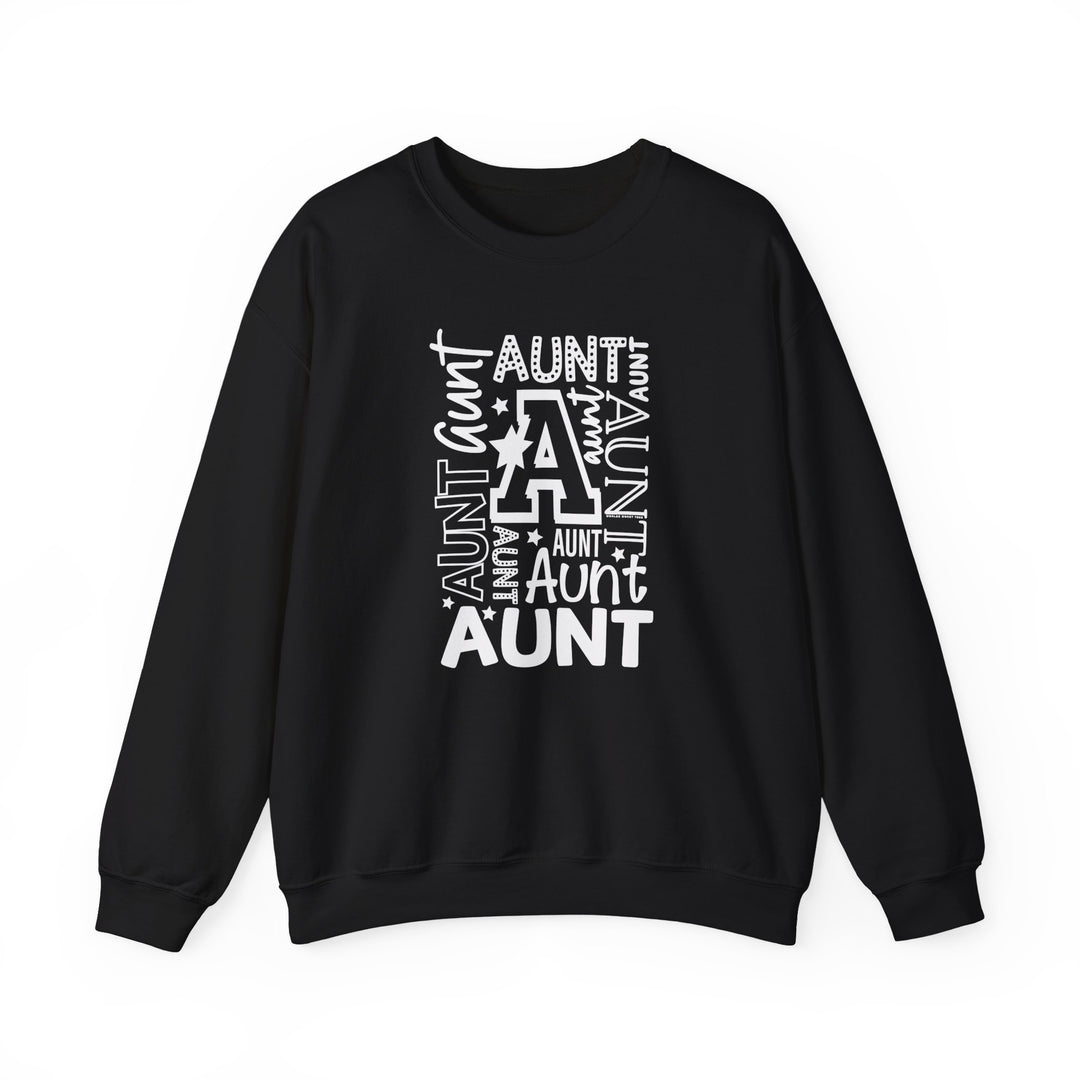 Relaxed fit Aunt Crew sweatshirt in black with white text. Soft 50% cotton, 50% polyester blend, crew neck, medium-heavy fabric, loose fit. Elevate your style effortlessly.