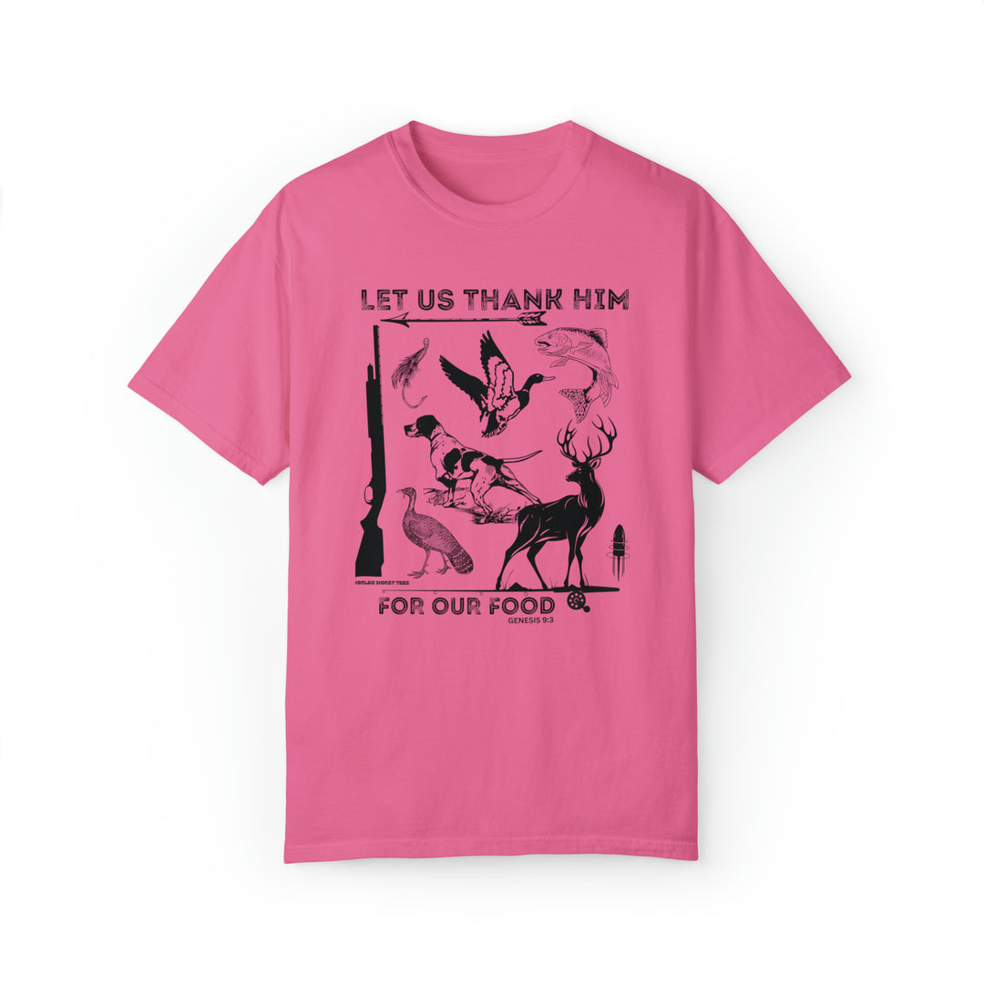 Unisex Let Us Thank Him For Our Food Tee, pink shirt with bird and animal prints. 80% ring-spun cotton, 20% polyester, relaxed fit, medium-heavy fabric. From Worlds Worst Tees.
