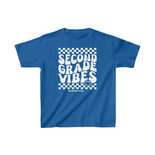 Kids 2nd Grade Vibes Tee: Blue shirt with white text. 100% cotton, light fabric, classic fit. Tear-away label, durable twill tape shoulders, seamless sides. Sizes XS to XL. From Worlds Worst Tees.