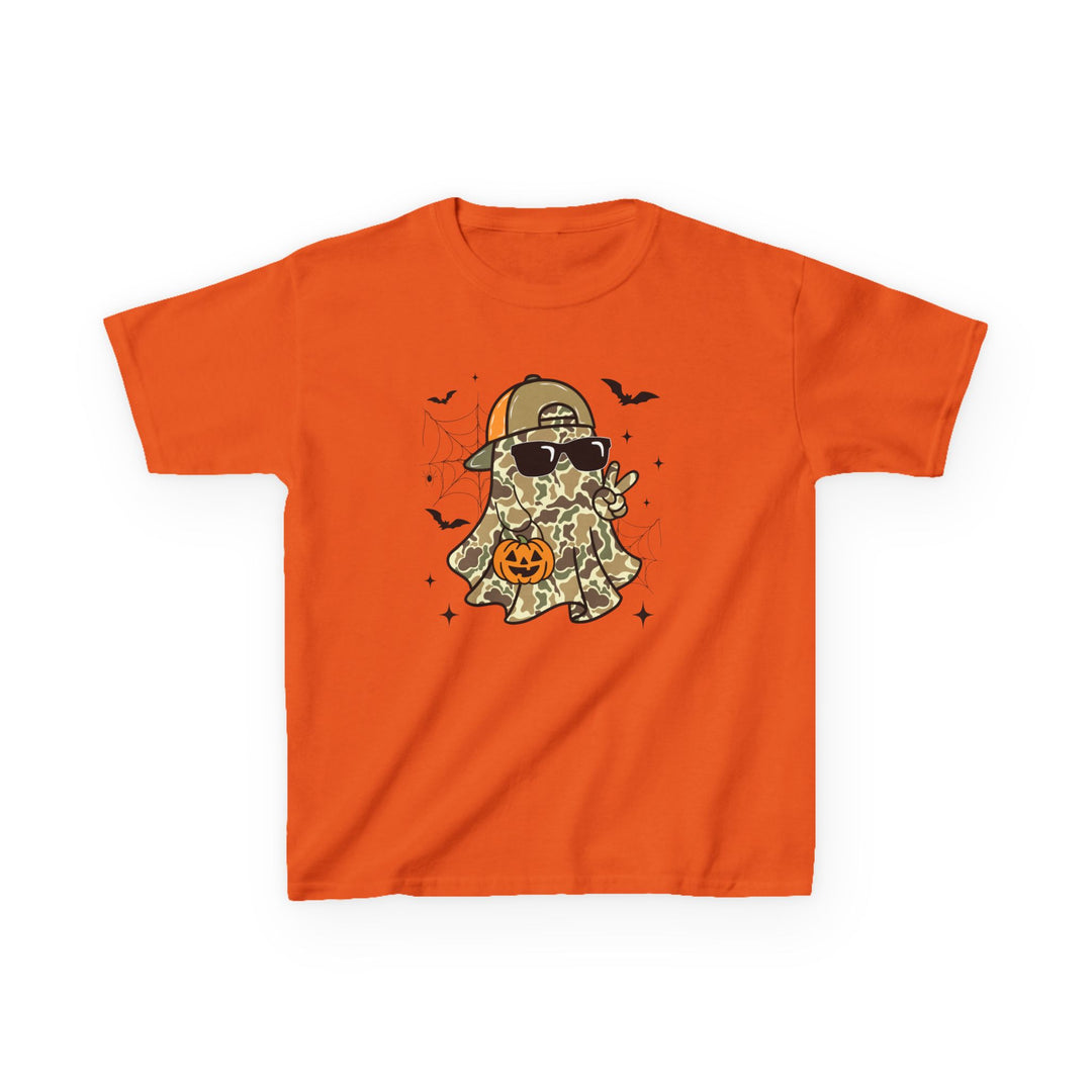 Candy Ghost Kids Tee featuring a camo-patterned cartoon ghost with sunglasses, a cap, and a jack-o’-lantern, surrounded by playful Halloween-themed designs.