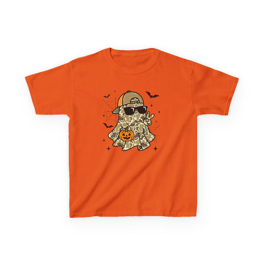 Candy Ghost Kids Tee featuring a camo-patterned cartoon ghost with sunglasses, a cap, and a jack-o’-lantern, surrounded by playful Halloween-themed designs.