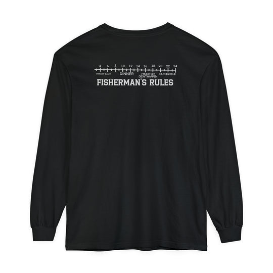 A Lucky Bones Fishing Club Long Sleeve Tee in black with white text. 100% ring-spun cotton, garment-dyed, relaxed fit for comfort. Ideal for casual settings. From Worlds Worst Tees.