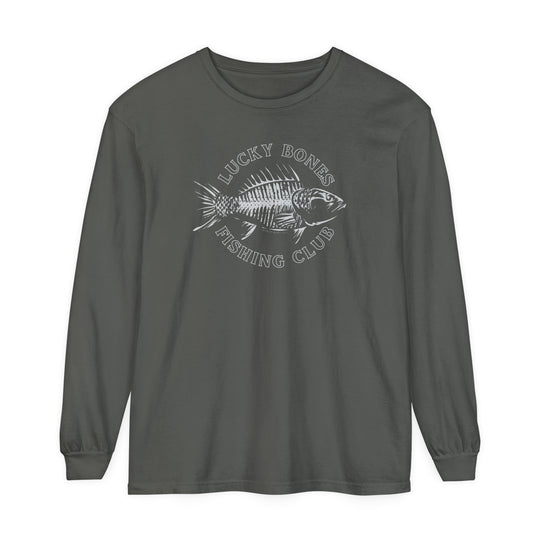 Lucky Bones Fishing Club Long Sleeve Tee: A grey shirt featuring a fish design, made of 100% ring-spun cotton for softness and style. Perfect for casual wear with a relaxed fit. From Worlds Worst Tees.