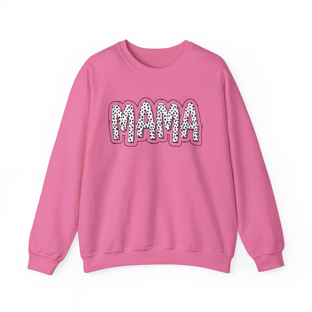 A pink sweatshirt featuring a white Mama print, ideal for comfort in a loose fit. Made of 50% cotton and 50% polyester blend, with ribbed knit collar and no itchy side seams. From Worlds Worst Tees.