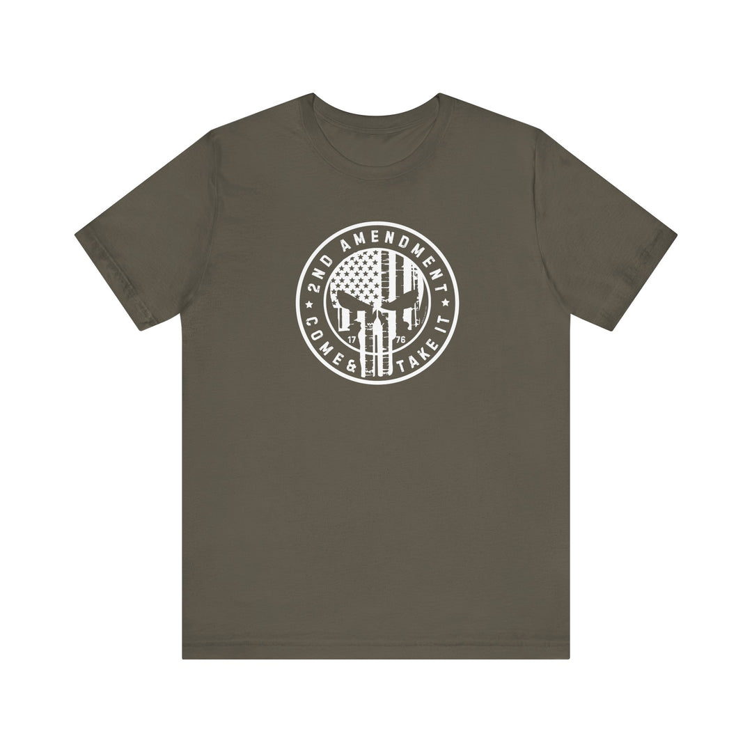 Unisex jersey tee with 2nd Amendment Come and Take It design. Soft cotton, ribbed knit collars, and tear away label. Retail fit, 100% Airlume combed cotton. Ideal for casual wear.