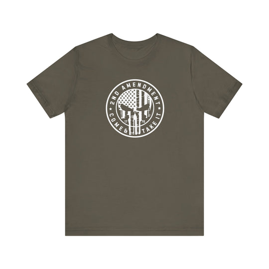 Unisex jersey tee with 2nd Amendment Come and Take It design. Soft cotton, ribbed knit collars, and tear away label. Retail fit, 100% Airlume combed cotton. Ideal for casual wear.