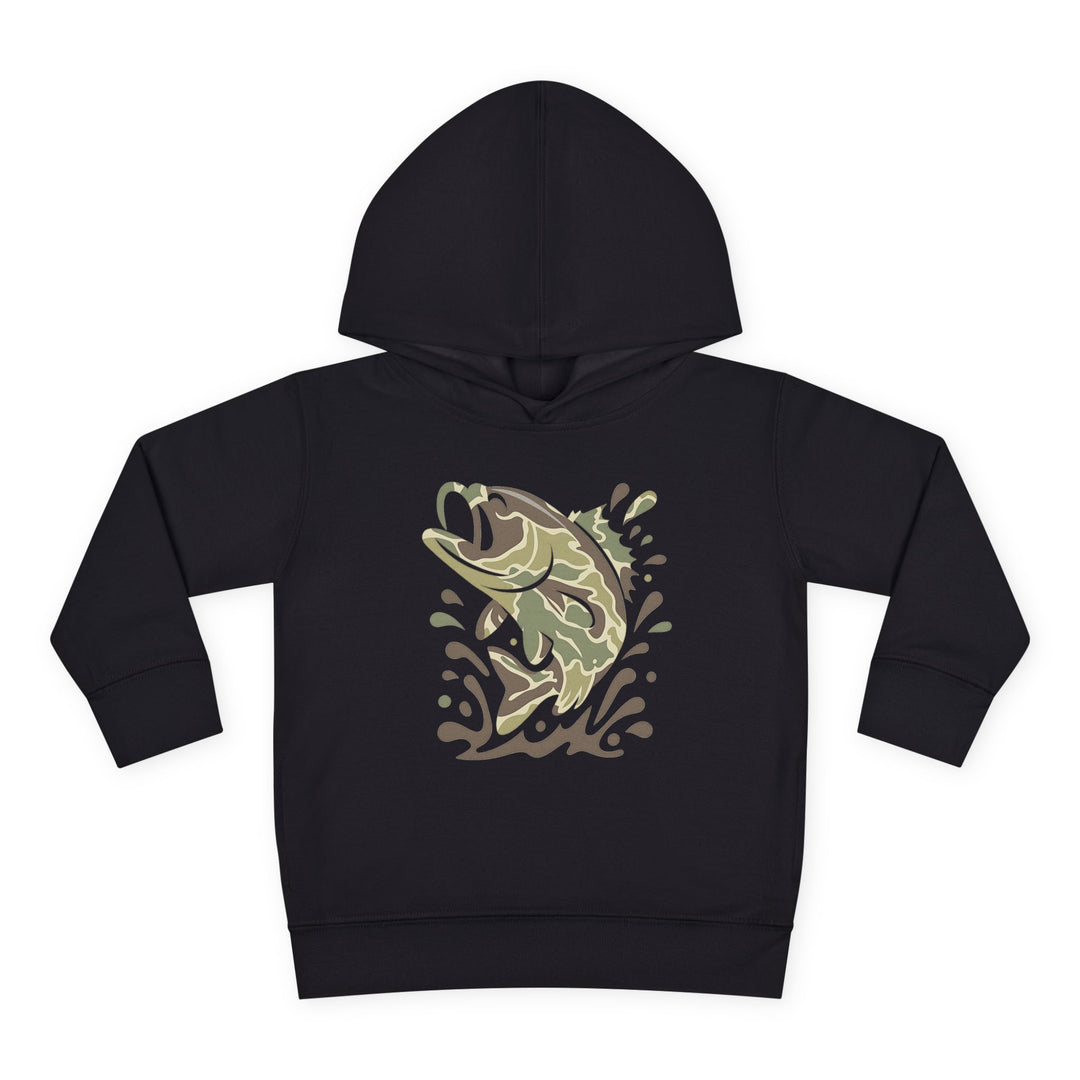 Camo Fish Toddler Hoodie: Black pullover featuring a stylized fish graphic in muted greens and browns, showcasing a jumping fish design.
