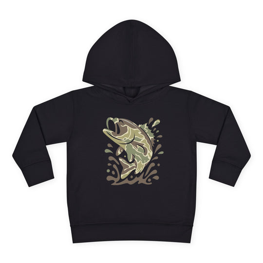 Camo Fish Toddler Hoodie: Black pullover featuring a stylized fish graphic in muted greens and browns, showcasing a jumping fish design.